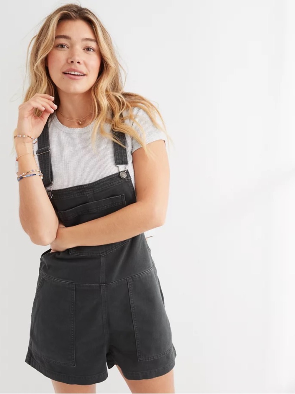 Aerie Werk & Play Denim Shortalls in Smoked Gray Size XS Relaxed Short Overalls